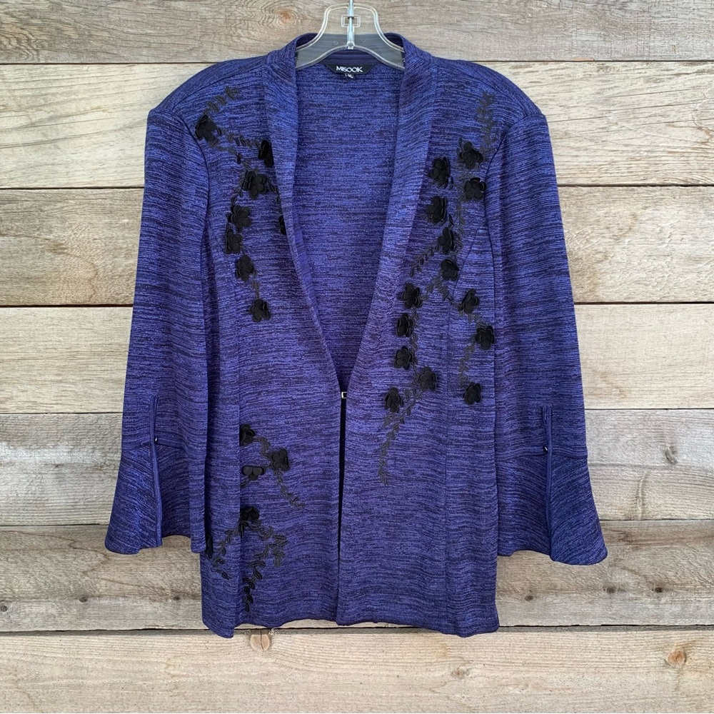 Misook Sweater Jacket Womens M Floral Applique Metallic Shimmer Blue